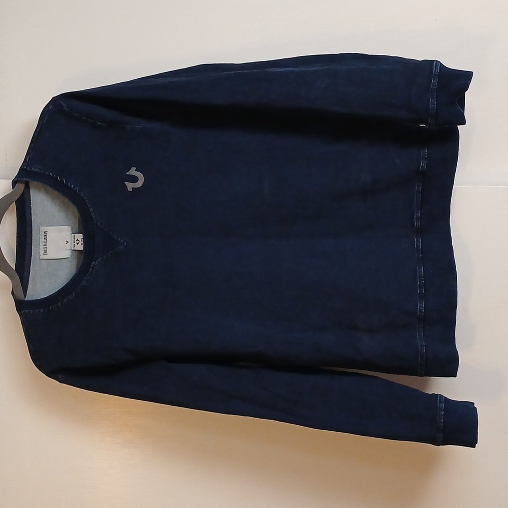 True Religion "Buddha World Tour" Navy Blue Distressed Sweatshirt in Size XL